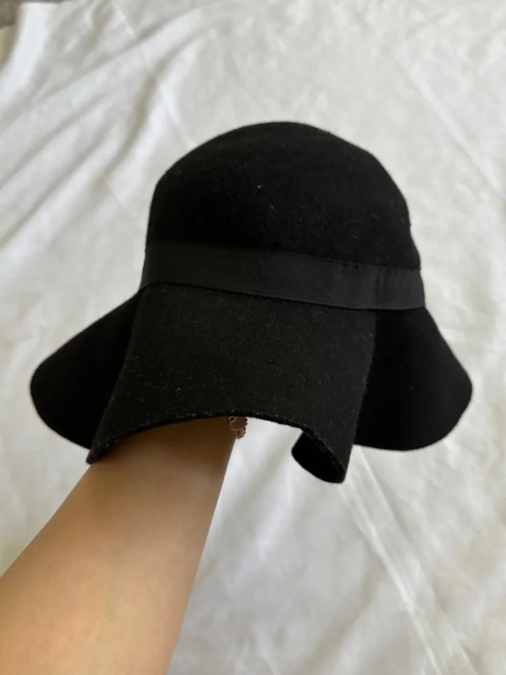Black Felt Wide Brim Floppy Hat Women's Classic Ribbon Fedora Boho